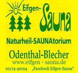 Eifgen-Sauna Logo mit Website, Telefonnummer und Facebook-Hinweis auf gelbem Hintergrund.
