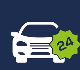 Autosymbol mit grünem 24-Zeichen, blauem Hintergrund.