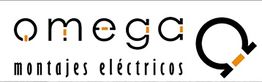 Logo de Omega: montajes eléctricos con letra estilizada y detalle naranja.