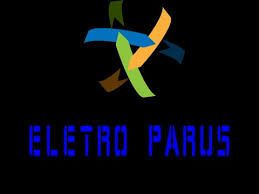 Logotipo com fitas coloridas e texto azul "Eletro Parus" em fundo preto.