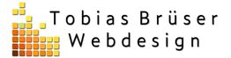 Logo: "Tobias Brüser Webdesign" mit gelb-braunen Mosaik-Quadraten links.