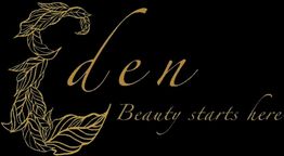 Elegant gold text and leaf design on black background: "Eden Beauty starts here."