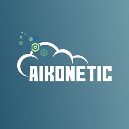 Logo "Aikonetic" mit Wolkenmotiv und sechseckigen Symbolen auf blauem Hintergrund.