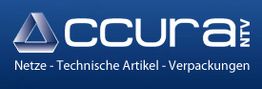 Logo von CCURA mit Text „Netze - Technische Artikel - Verpackungen“ auf blauem Hintergrund.