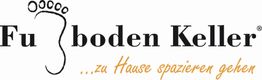 "Logo mit Fußabdruck: 'Fußboden Keller' und Slogan '...zu Hause spazieren gehen' in Orange."