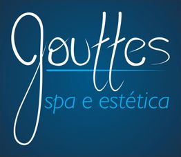Texto azul de "Gouttes spa e estética" em fundo azul escuro.