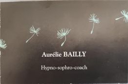 Carte noire avec pissenlits verts et texte : "Aurélie BAILLY, Hypno-sophro-coach".