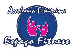 Logotipo da Academia Feminina Espaço Fitness com figuras rosa e fundo azul.
