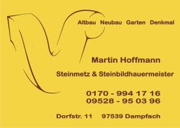 Gelbe Visitenkarte von Martin Hoffmann, Steinmetz & Bildhauermeister, mit Kontaktdaten.