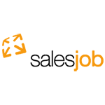 "sBrightschwarzer Schrift mit Pfeil-Logo, Text 'salesjob' in Orange und Schwarz."