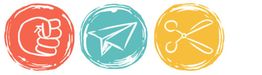 Icons of a fist, paper airplane, and scissors in red, blue, and yellow circles.