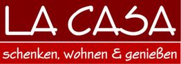 Rotes Logo mit weißem Text: "LA CASA schenken, wohnen & genießen".