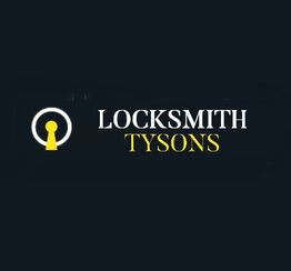 Logo with a keyhole icon and text "Locksmith Tysons" in white and yellow on a dark background.