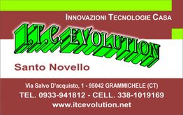 Biglietto da visita per ITC Evolution, indirizzo, contatti telefonici e sito web inclusi.
