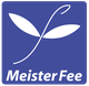 Logo mit zwei Blättern auf blauem Hintergrund und dem Text "Meister Fee".