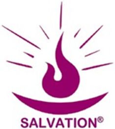 Rotes Flammensymbol mit Strahlen und Schriftzug "Salvation".