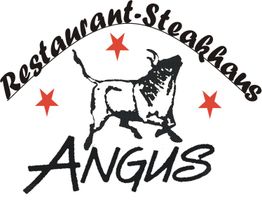 Logo von Restaurant-Steakhaus Angus mit Stier und roten Sternen.
