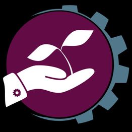 Eine Hand hält einen Setzling, umgeben von einem Zahnrad auf violettem Hintergrund.