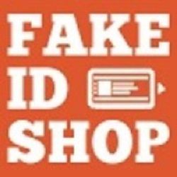 "Orange signage with bold text 'FAKE ID SHOP' and an ID card icon in the center."
