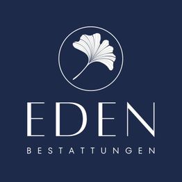 Logo mit Blatt-Design, Text: "Eden Bestattungen" auf dunkelblauem Hintergrund.