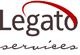 Logo mit Schriftzug "Legato services", rot-schwarzes Design.
