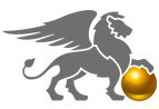 Grauer, geflügelter Löwe mit einer goldenen Kugel unter der Pfote.