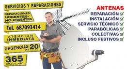 Hombre con herramientas, antena parabólica y texto de servicios de reparación e instalación.