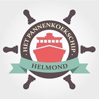 Logo van Het Pannenkoekschip Helmond, met een rood schip en een stuurwiel.