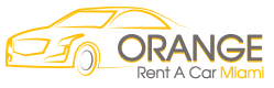 Silhouette of car with "Orange Rent A Car Miami" logo in yellow and gray.
