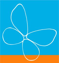 Grafische Blume mit weißen Umrissen auf blauem Hintergrund, unten ein schmaler oranger Streifen.