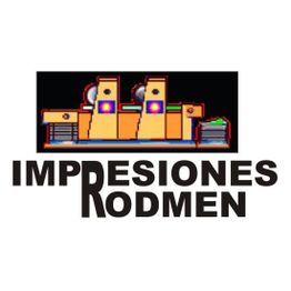 Logo de "Impresiones Rodmen" con ilustración de máquina de impresión colorida encima.