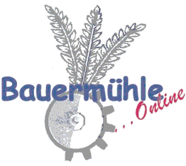 Schriftzug "Bauermühle Online" mit Zahnräder und Getreideähren als Hintergrund.