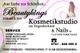 Kosmetikstudio-Werbung mit Services wie Nagelmodellage und Massage in Freiburg. Kontaktinfo inklusive.