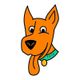 Cartoon orange dog's head with its tongue out, wearing a collar labeled "Pete."