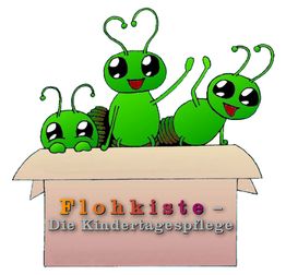 Drei grüne Ameisen lächeln in einer Kiste, darunter steht "Flohkiste - Die Kindertagespflege".