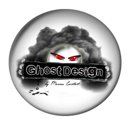 Logo: Ghost Design mit roten Augen und Schriftzug auf schwarzem Hintergrund mit grauen Wolken.