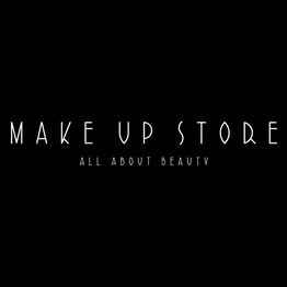Schwarzer Hintergrund mit weißem Text: "MAKE UP STORE, ALL ABOUT BEAUTY".