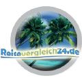 Logo mit zwei Palmen und "Reisevergleich24.de" auf einem runden Hintergrund.