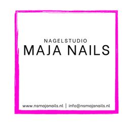Nagelstudio Maja Nails logo met website en e-mail in roze kader.
