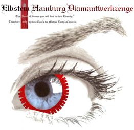 Auge mit roten Zahnrädern im Inneren, umgeben von Text "Elbstein Hamburg Diamantwerkzeuge".