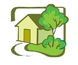 Zeichnung eines Hauses mit Baum und Sträuchern im Garten.