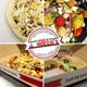 Pizza and salad from J. Rocco's with a pizza box and calzone in a collage layout.