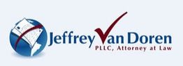 Logo for Jeffrey Van Doren, PLLC, Attorney at Law, with a globe and checkmark design.