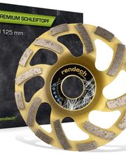 Goldene Schleifscheibe vor schwarzer Box mit Text "PREMIUM SCHLEIFTOPF Ø 125 mm".