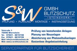 Visitenkarte von S&W Blitzschutz mit Kontaktinfos und Dienstleistungen wie Planung und Montage.