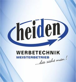 Logo von "heiden Werbetechnik", Meisterbetrieb, mit Slogan "...das sieht man!" auf blauem Hintergrund.