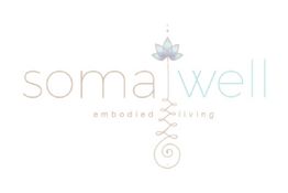 Logo with "soma well," a lotus flower on top, and the phrase "embodied living" below.