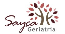 Logo de Sayca Geriatría con árbol estilizado y hojas en tonos rojos y marrones.