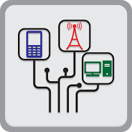 Icono con símbolos de teléfono móvil, antena y computadora conectados por líneas negras.