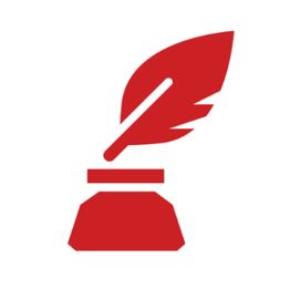 Rotes Symbol mit Feder und Tintenfass auf weißem Hintergrund.